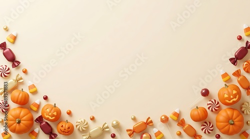 A festive Halloween flat lay featuring miniature pumpkins, candy corn, and wrapped sweets arranged on a soft beige background for marketing