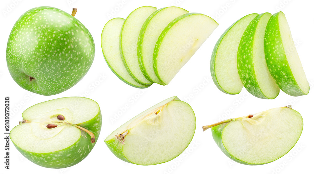 Obraz premium Ripe green apple and apple slices on white background. File contains clipping paths.