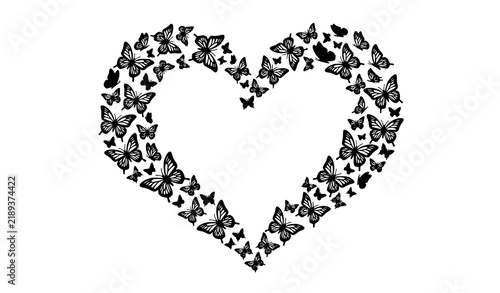 Butterfly Heart Shape Black Vector Flying Insect Design on White Background