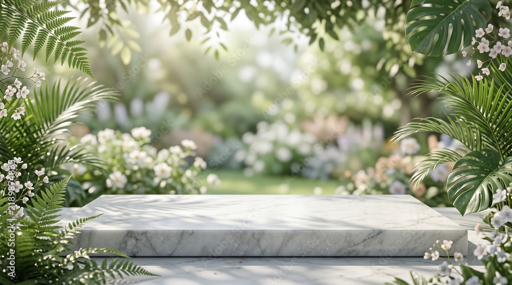 Fototapeta premium Minimal product mockup for jewelry, skincare product in the garden with white flowers