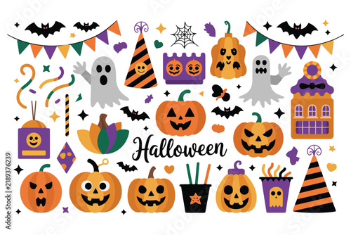 Fun festive halloween party collection featuring spooky jack o lanterns ghosts bats and colorful holiday decorations