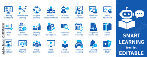Smart Learning System icon set. Includes symbols for Online Quiz, Video Lesson, Digital Classroom, and Micro Learning. Solid vector icons for EdTech platforms UI.