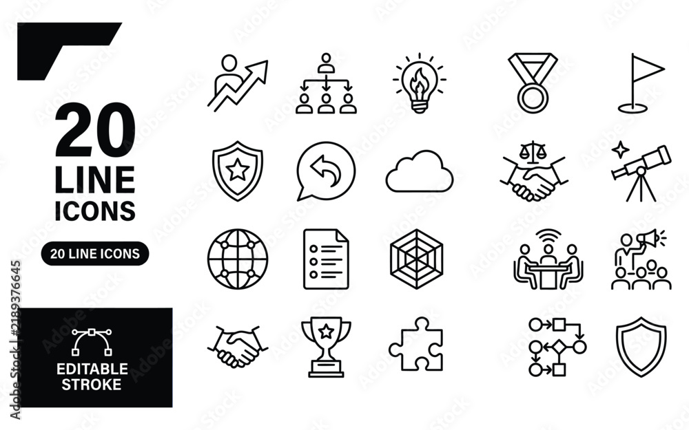 Fototapeta premium Business and strategy line icon set for professional management and corporate communication.