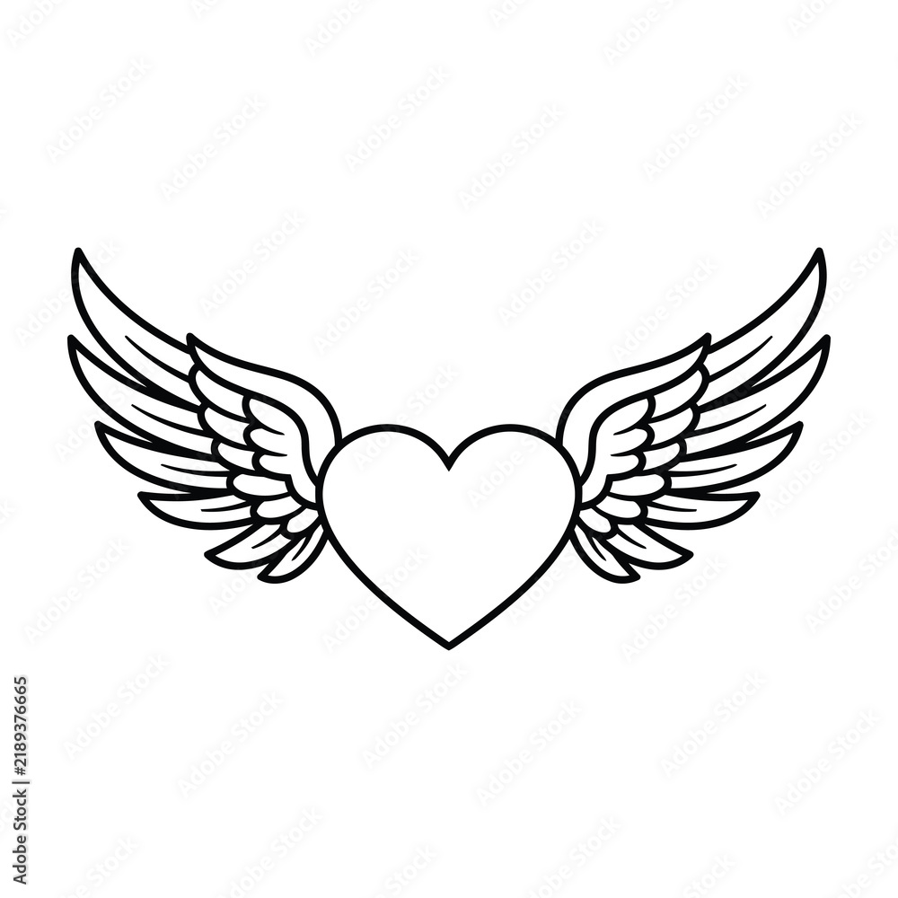Fototapeta premium Heart with Wings Tattoo Design Outline