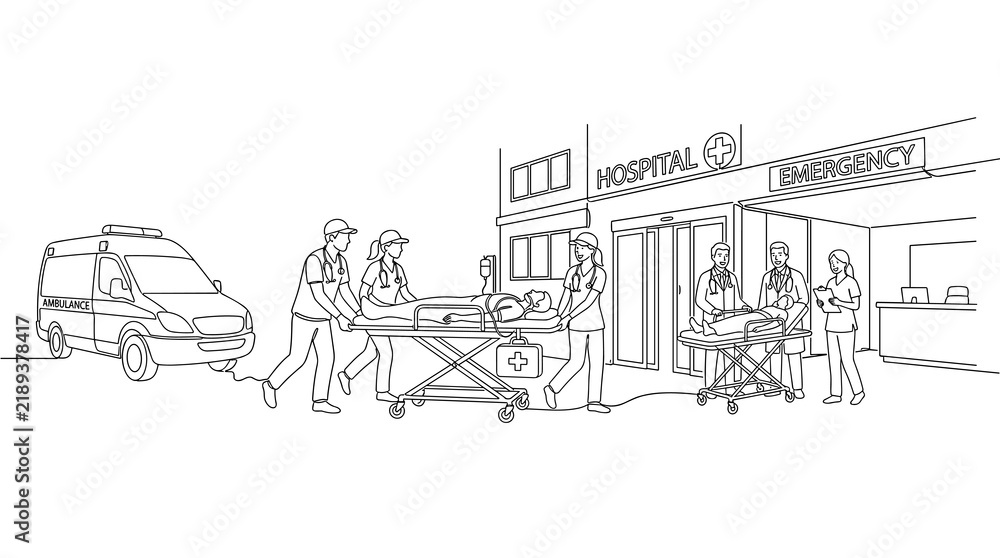 Fototapeta premium Medical emergency response team efficiently transports patient via ambulance to hospital emergency room entrance for urgent care