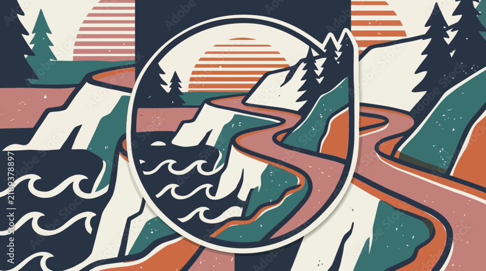 Obraz premium Coastal Road Scenic View Vector Graphic, Mountains, Ocean, Sunset, Nature