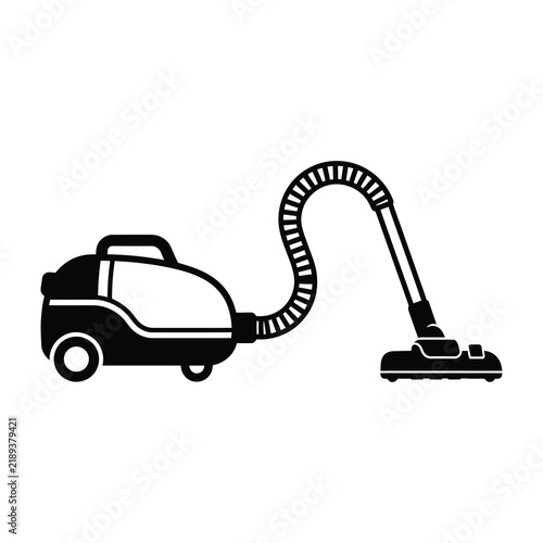 Black and white icon of a canister vacuum cleaner with hose and nozzle for cleaning floors