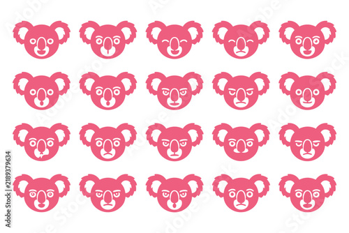 Grid of cute pink koala head icons featuring various facial expressions for user interface design elements
