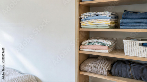 Organized clothes neatly folded on wooden shelves