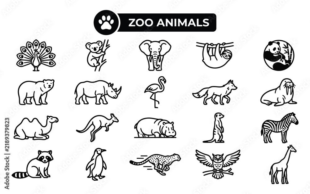Fototapeta premium Zoo animals line icons featuring wild fauna from around global wildlife parks.