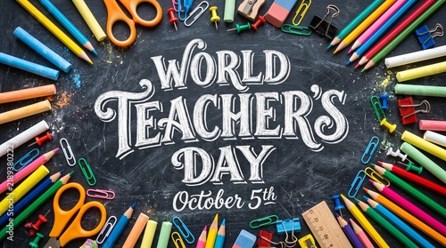 World Teacher's Day celebration graphic featuring colorful school supplies like pencils, scissors, and paper clips arranged on a dark chalkboard background with elegant typography for October 5th.