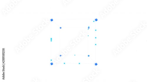 Abstract geometric network of connected blue dots forming a cube-like structure on white background
