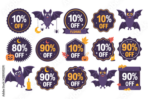 Halloween sale badges and discount tags with cute bat characters and spooky pumpkin decorations for marketing