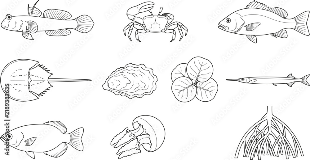 Obraz premium Hand Drawn Marine Life Collection with Fish Crab Stingray Shrimp Shells and Seaweed Illustrations