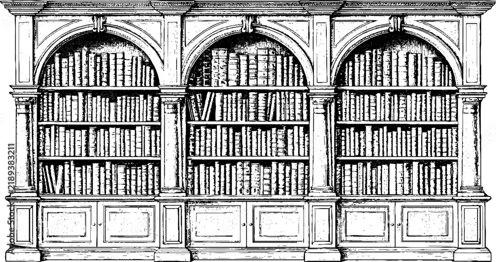 Obraz premium Antique engraved three‑section bookcase illustration on white background for vintage background and wallpaper design element