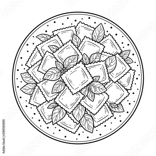 Black and white line drawing of ravioli pasta dish with basil leaves on a plate