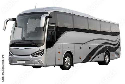 Modern silver touring bus on a white background with public transport passenger transport travel bus coach bus motor coach road travel luxury bus commuter bus shuttle bus modern vehicle