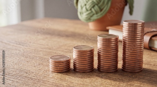 Stacks of coins in increasing height on wooden table, symbolizing financial growth and investment