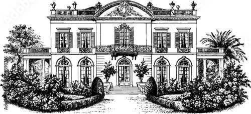 Antique renaissance villa engraving with symmetrical facade and lush gardens for historical background and architectural poster design
