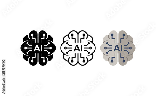 Artificial intelligence brain icons set, digital machine learning symbols, tech AI logo design elements