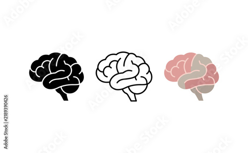 Minimalist human brain icons set, medical neurology symbols, mental health and psychology vector graphics