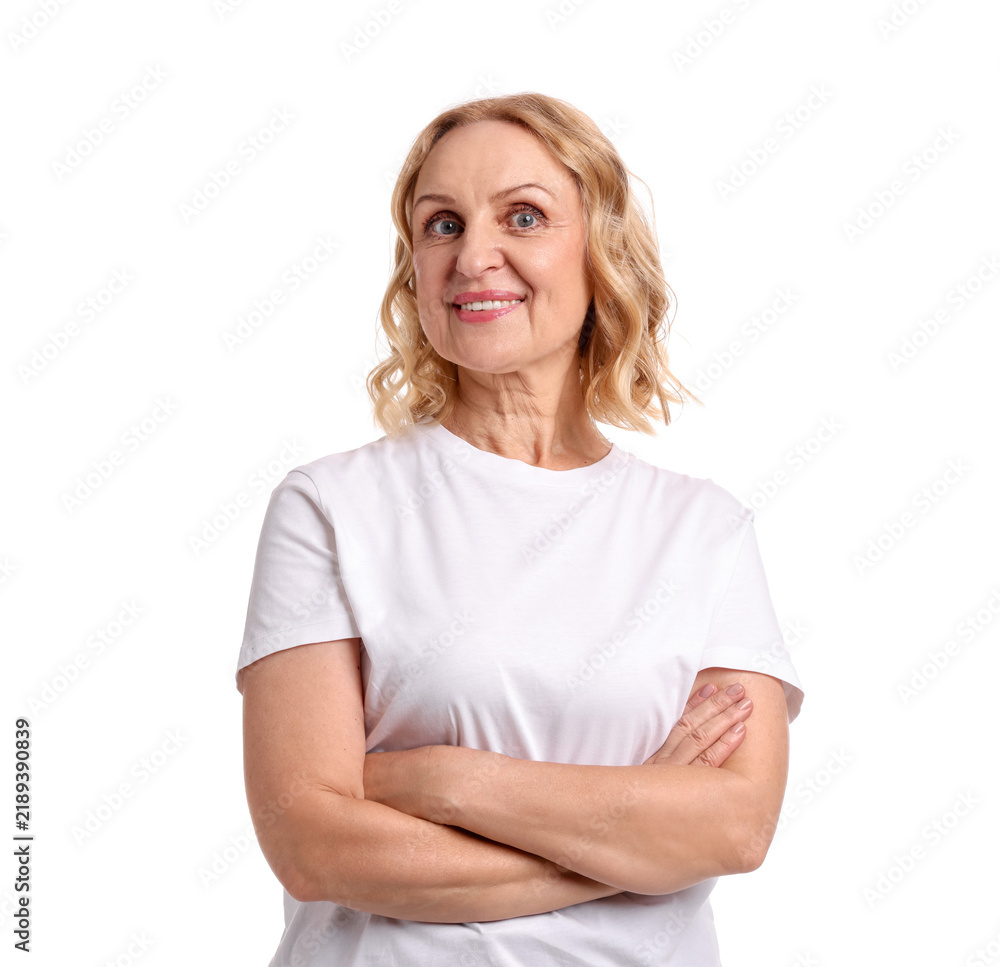 Fototapeta premium Portrait of happy mature woman on white background