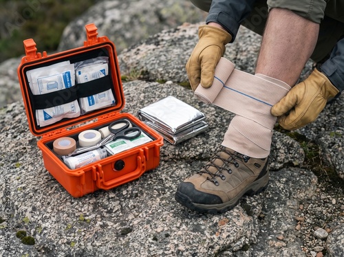 Wilderness First Aid Kit and Compression Bandage Application Close Up