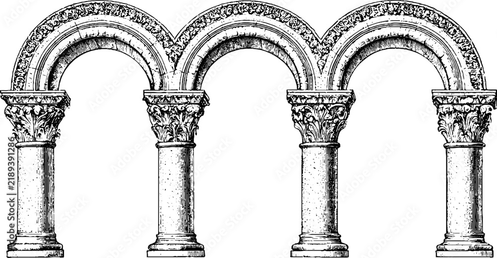 Obraz premium Antique engraving of romanesque crypt arches and capitals isolated on white for historical background and architectural restoration design