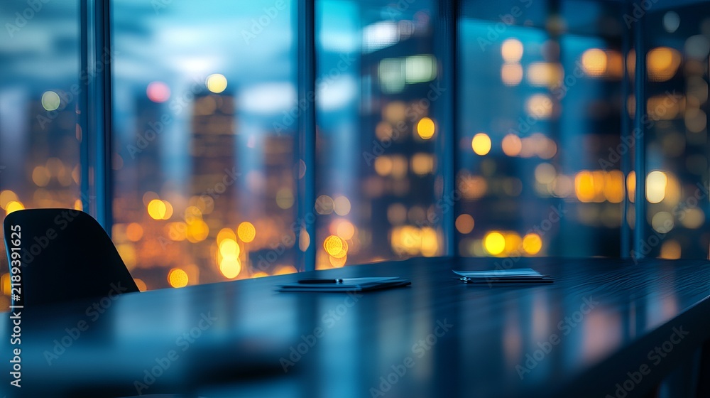Obraz premium Modern office conference room desk featuring documents and chair overlooking glowing urban city lights during a dark blue evening hour