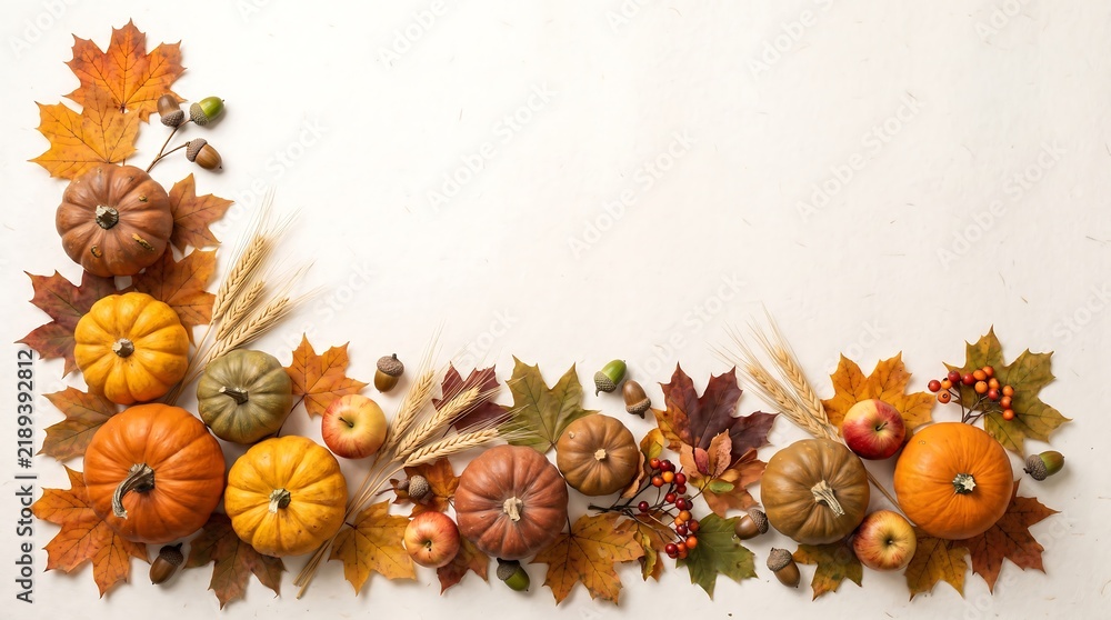 Fototapeta premium Autumn harvest border with pumpkins, colorful maple leaves, wheat, apples, and acorns isolated with copy space on white background