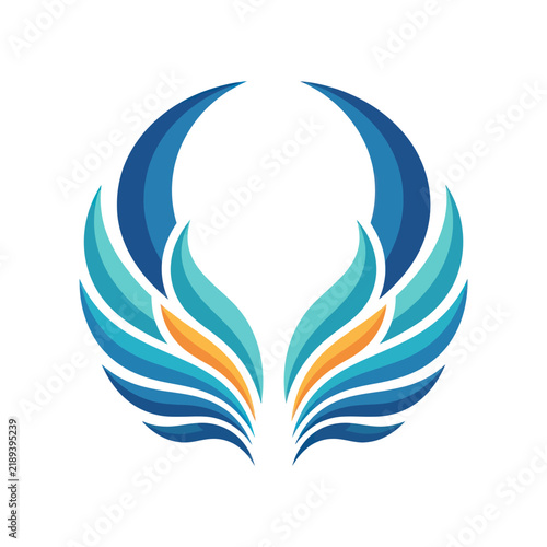 Abstract Blue Wings Logo Design, Stylized Phoenix or Angel Wings, Circular Emblem