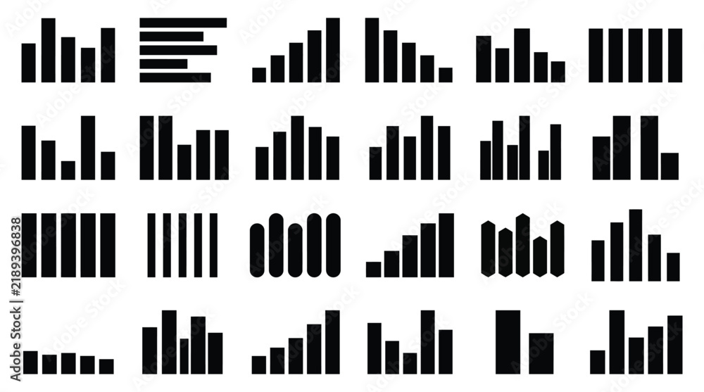 Obraz premium vector Set of various black bar chart icons arranged in a grid on a white background with graph frequency equalizer