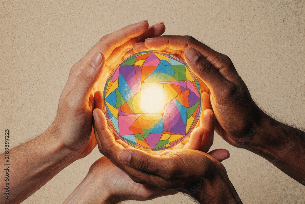 Obraz premium Hands Holding Glowing Colorful Sphere.