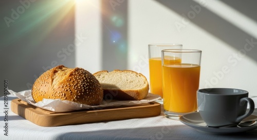 Delicious Breakfast Spread Featuring Bread, Orange Juice, and Coffee in Sunlight.