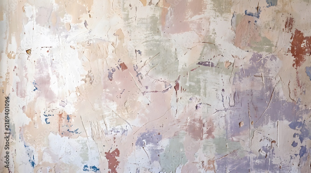 Naklejka premium Accidental Abstraction: Weathered Plaster Wall with Scratched Pastel Layers and Decades of Surface Wear