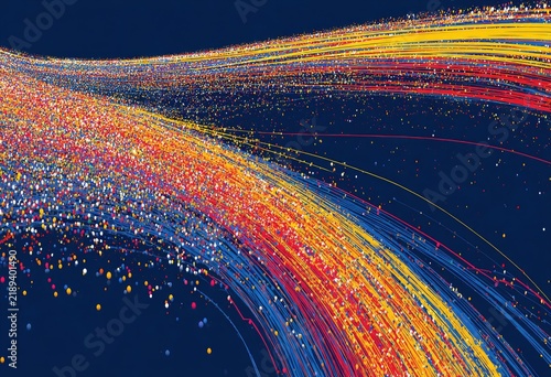 Abstract vibrant streams of colorful particles flowing across a dark background