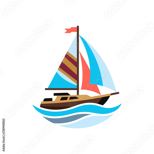 Colorful Sailboat on Wavy Water, Nautical Adventure Vector Icon