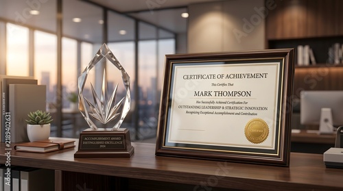 Framed certificate of achievement and crystal trophy on office desk