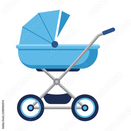 Baby stroller in light blue color with white handle and wheels