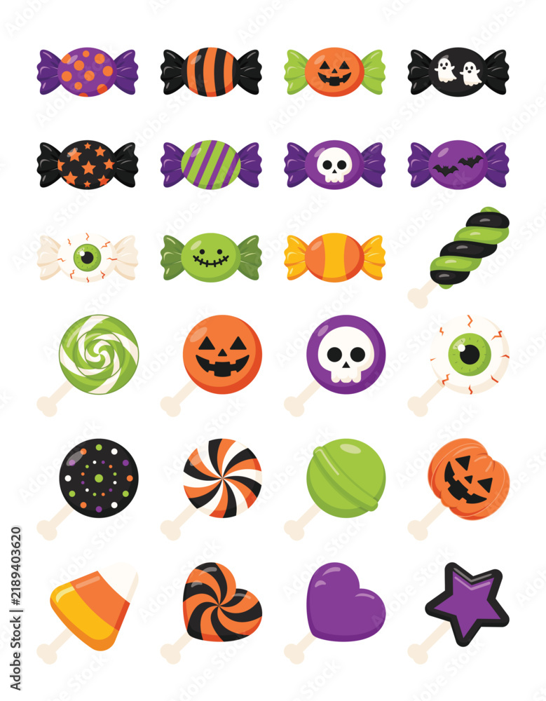 Fototapeta premium Halloween Candy Bundle Wrapped Sweets And Lollipops Vector Set