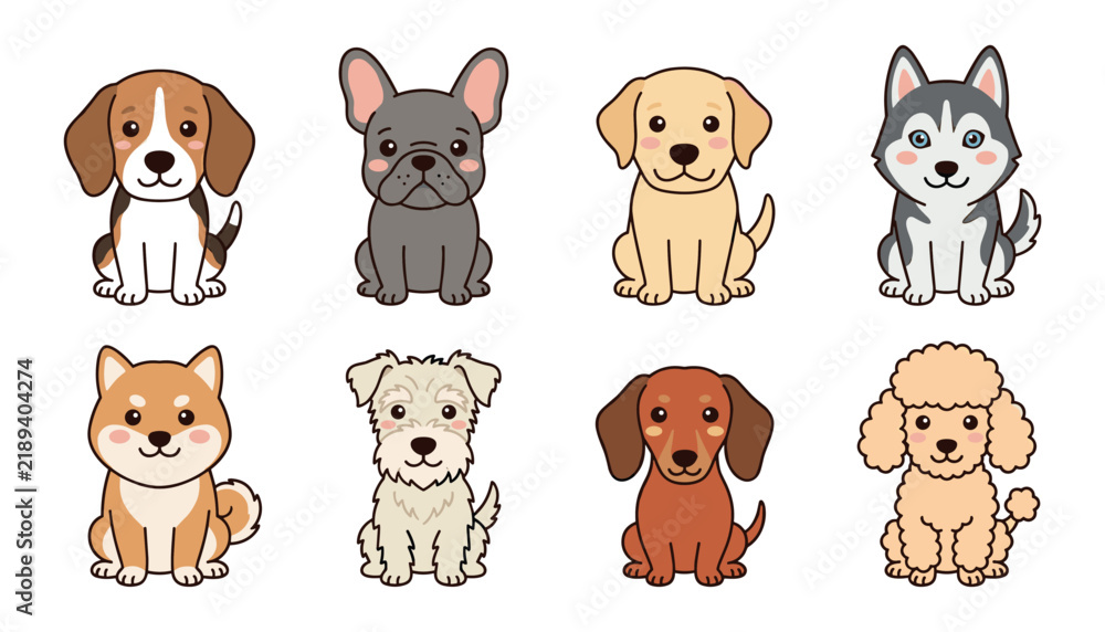 Obraz premium Cute Dog Breed Cartoon Vector Illustration Set Featuring Beagle French Bulldog Golden Retriever Husky Shiba Inu and Poodle Icons for Pet Shop Branding and Nursery Graphic Designs