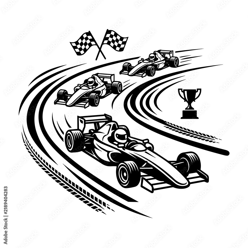 Obraz premium Formula one race cars speeding on a curved track with a checkered flag and a trophy, black and white on white background