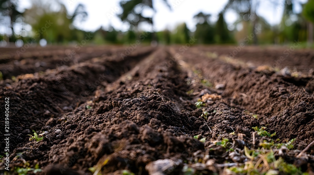 Obraz premium Rows of freshly tilled dark soil stretch into the distance under a soft sky with blurred green trees in the background