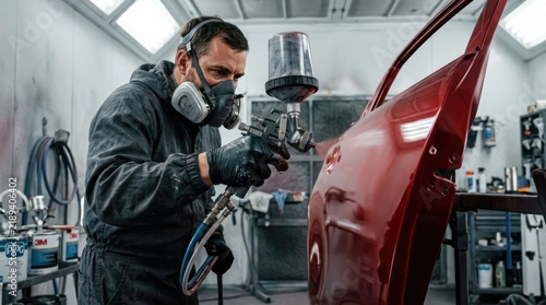Professional auto body painter meticulously applying glossy red paint to a car door in a spray booth.