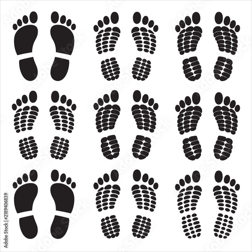 Collection of Black Footprint and Shoe Sole Tread Pattern Icons, Walking, Footwear and Movement Vector Illustration