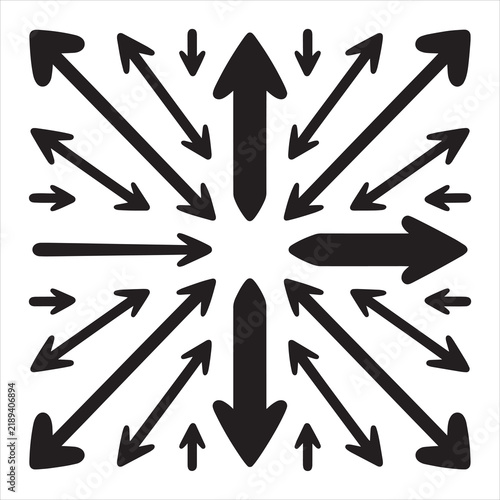 Radial Collection of Directional Arrows Pointing Outward, Expansion, Movement and Navigation Vector Symbol Design