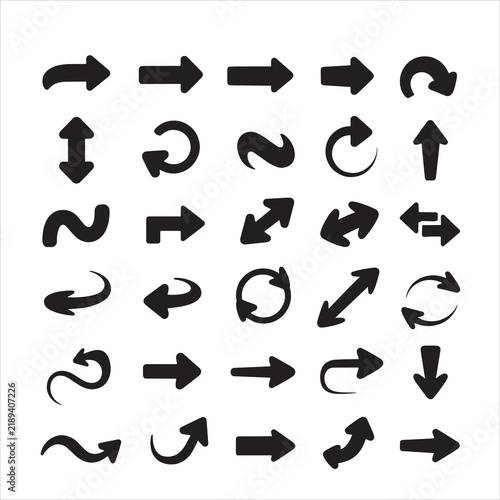 Collection of Hand Drawn Directional Arrows in Various Curved and Straight Styles, Black Vector Icon Set