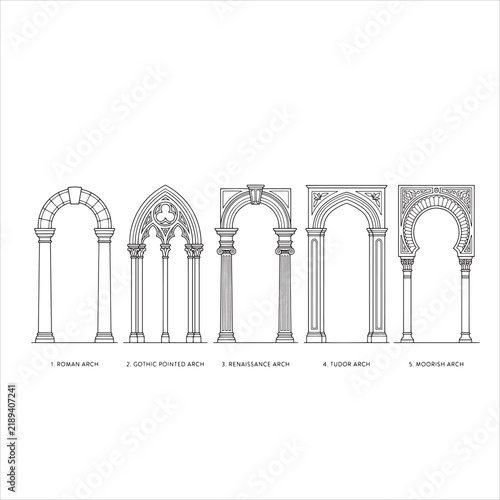 Collection of Decorative Architectural Arches and Classical Columns, Black Outline Vector Illustration Set