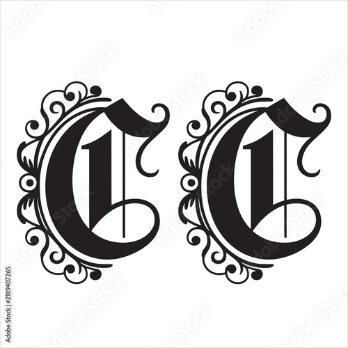 Ornate Gothic Letter C with Vintage Victorian Decorative Flourishes, Black and White Vector Typography Design