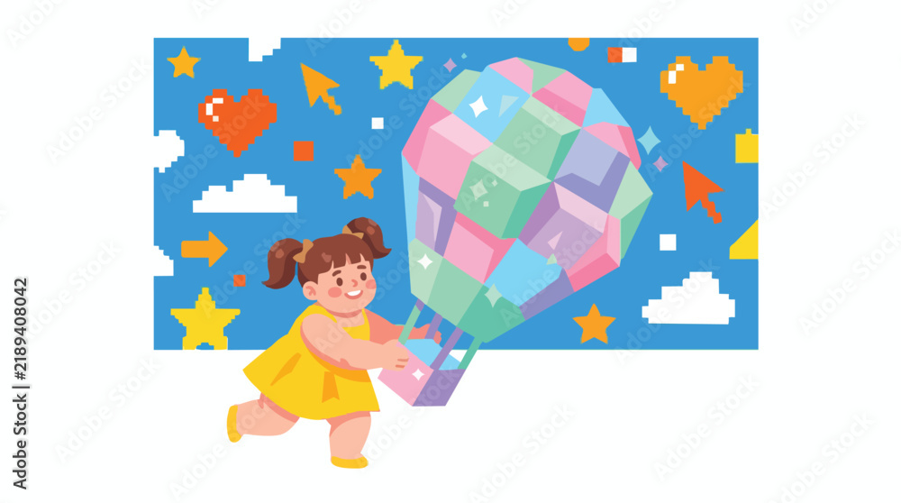Naklejka premium Girl flying colorful hot air balloon